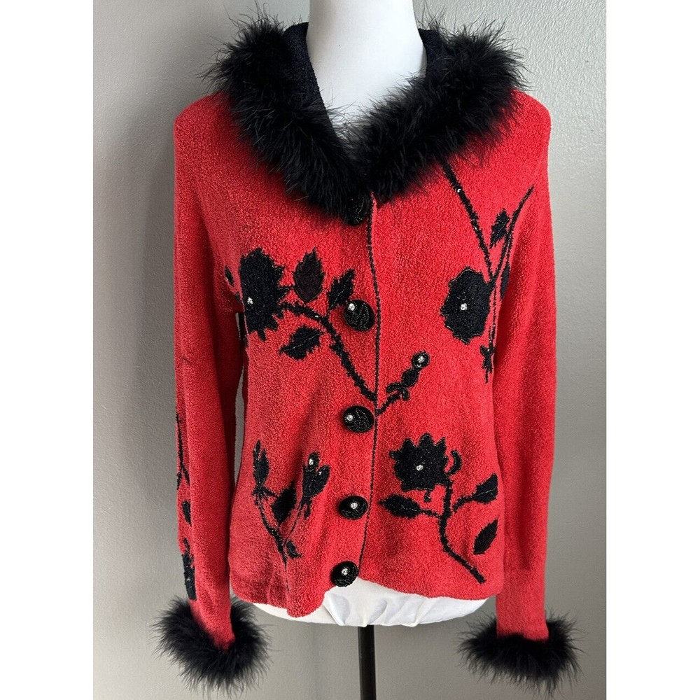 Berek Red Button Sweater Sz M Black Floral Beaded Faux Fur Collar/cuffs VTG 90's